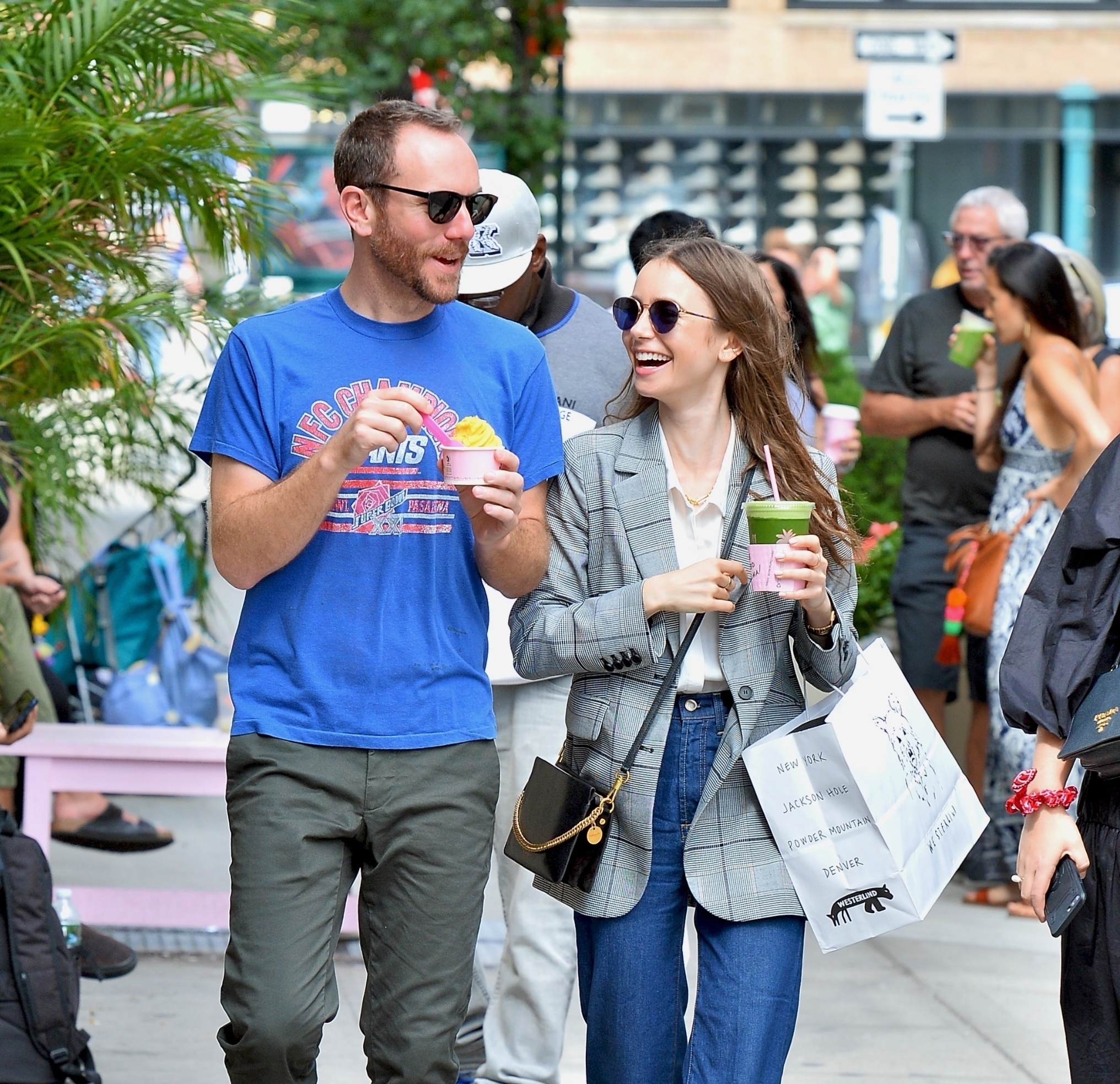 New York, NY  - Lily Collins and Charlie McDowell step out for ice cream at Cha Cha Matcha during NYFW in NYC. The pair were all smiles as they enjoyed their icy treats, Charlie with an ice cream, Lily with an iced drink.

*UK Clients - Pictures Containing Children
Please Pixelate Face Prior To Publication*,Image: 469627985, License: Rights-managed, Restrictions: DO NOT ALTER SET OR CROP PHOTOS, Model Release: no, Credit line: Jawad Elatab / BACKGRID / Backgrid USA / Profimedia